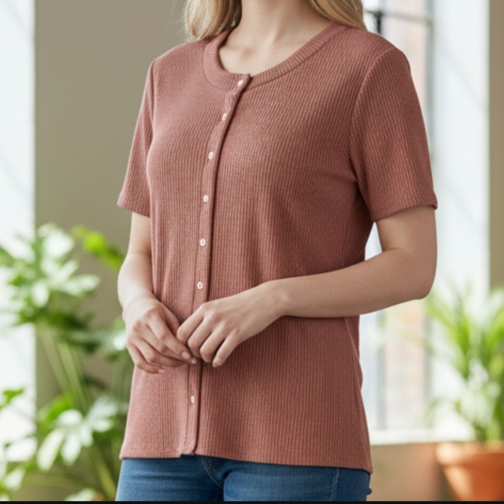NWT Style & Co Women's Petite Ribbed Button-Up Top Pink Size--MP